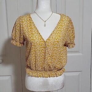 One Love Clothing Yellow Floral V- Neck Smocked Waist Wrap Crop Top - Size M